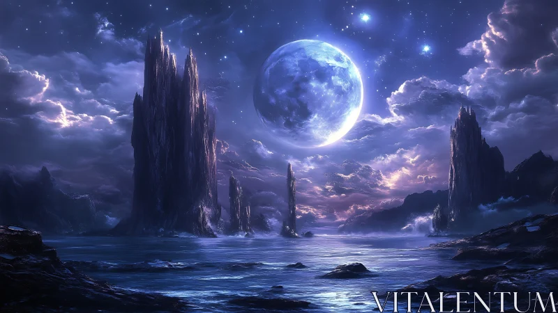 Luminous moon above alien spires in ethereal seascape.