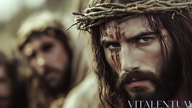Close-up portrait of wounded man in thorn crown under shallow focus