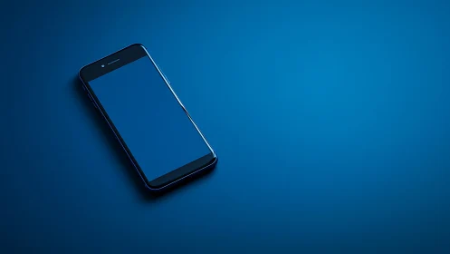 Dark smartphone displayed on blue surface background