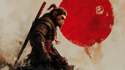 Digital painting of simian samurai before abstract sun symbol.