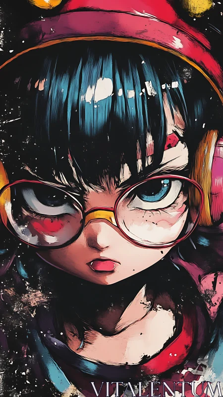 Defiant anime girl glares through cracked color‑splashed lenses