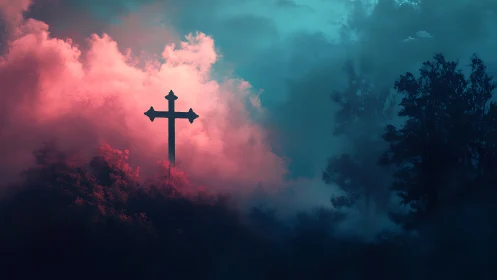 Cross crowned by neon stormlight over mist-drowned forest.