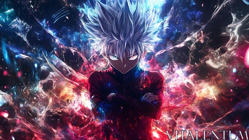 Silver storm youth carves neon rift through cosmic night