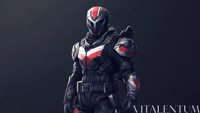 Armored sci fi guardian stands ready in sleek red and black