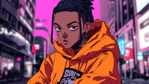 Urban anime character in orange hoodie on neon city street.