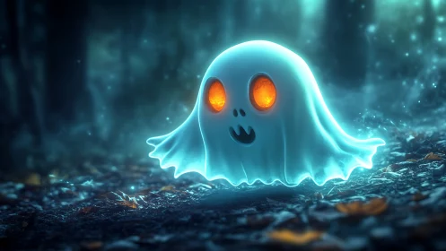 Playful glowing ghost drifts softly through a misty forest