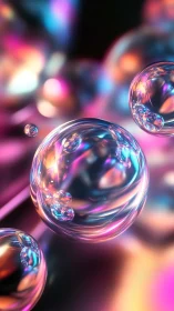 Luminous iridescent bubbles drift through neon light fields.