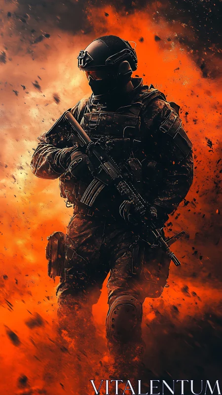 Armored soldier striding through blazing orange chaos.