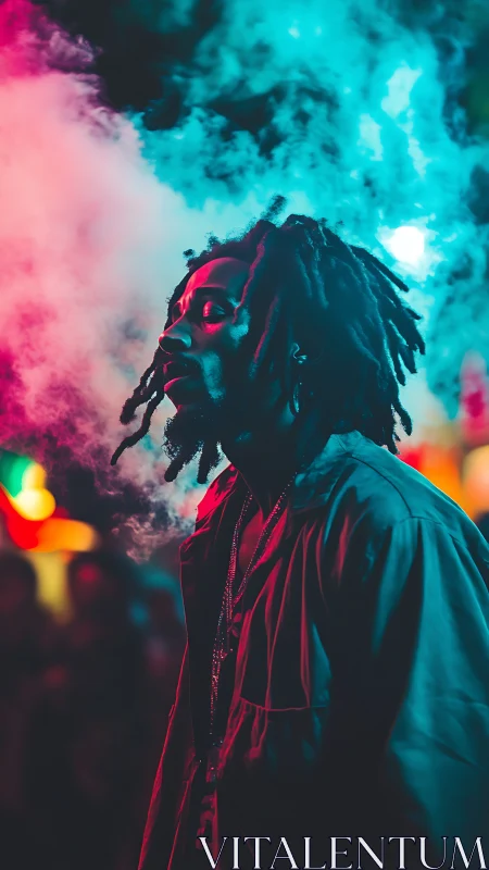 Neon dusk wanderer wrapped in swirling clouds of color.