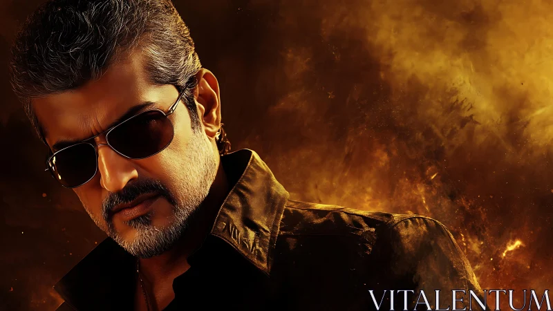 Smoldering sunglasses carve a lone hero from swirling fire