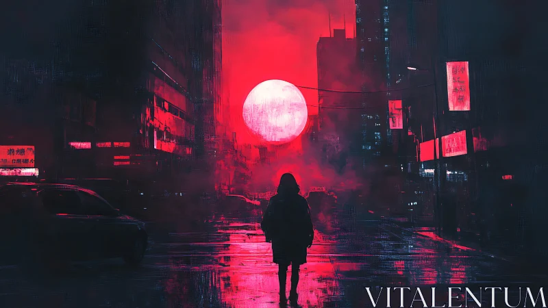 Lone figure under neon red moon in rainy city street.