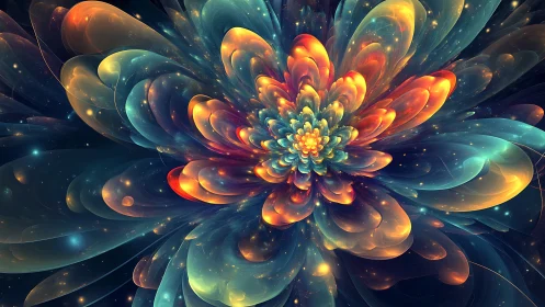 Galactic flower fractal blooms with luminous cosmic petals.
