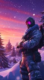 Snow commando surveys neon sunset battlefield in silence
