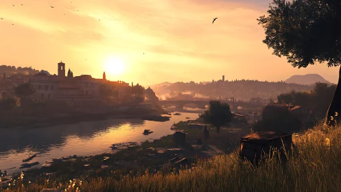 Riverside town skyline with low sun over distant hills.