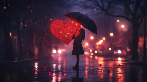 Luminous Heart in Rain: Where Love Glows Through Darkness.
