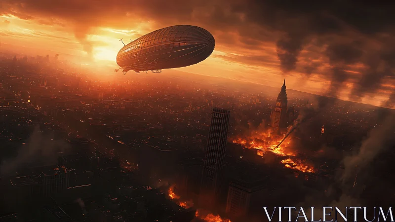 Dirigible surveys burning dystopian city under volumetric sunset sky
