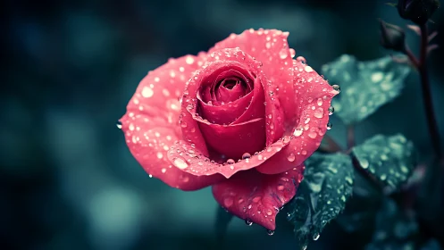 Radiant Pink Rose Glistening with Morning Dewdrops.