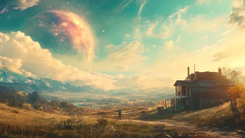 Expansive alien pastoral landscape with farmhouse structure.