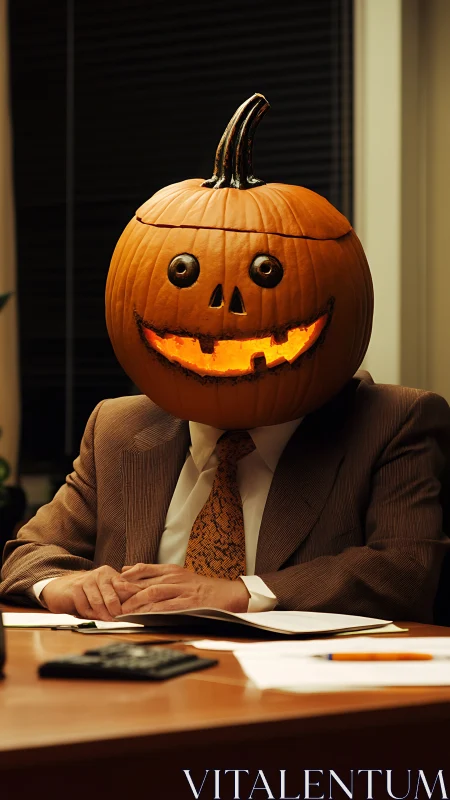 Pumpkin-headed office worker glows during late meeting.