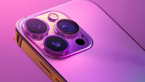 Triple camera smartphone in pink reflective lighting.