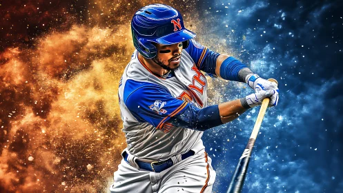 Baseball batter swinging bat with fiery blue energy backdrop.