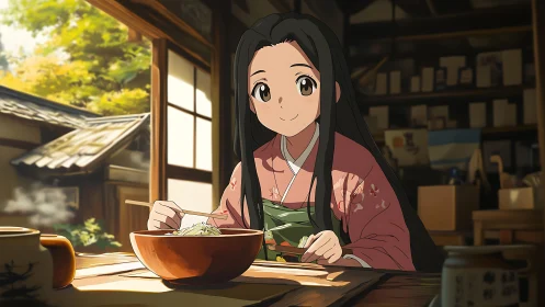 Quiet noodle lunch with a kimono girl in warm sunlight.