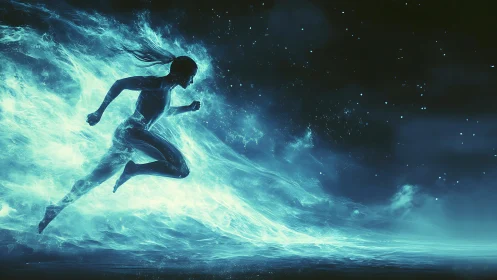 Neon energy runner emerges from plasma trails in motion