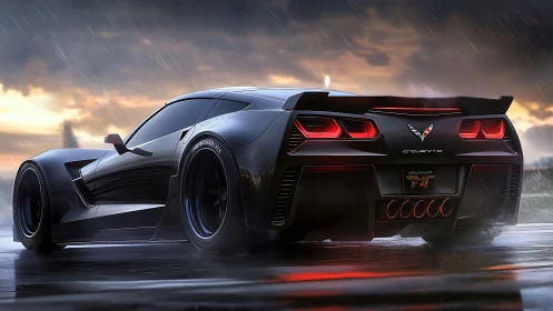 Midnight supercar waits in the rain for its next sprint.