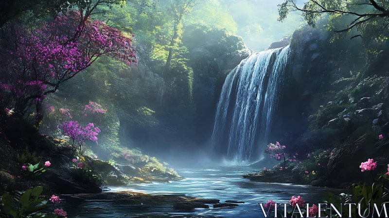 Luminescent forest waterfall cascades into misted river basin