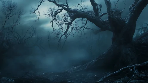 Nocturnal gnarled forest landscape in moody digital painting.