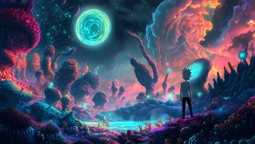 Neon alien landscape unfolds beneath swirling cosmic portal.