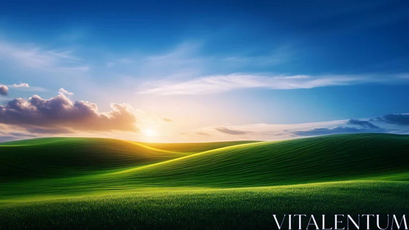 Sunset over smooth green hills under vivid blue sky.