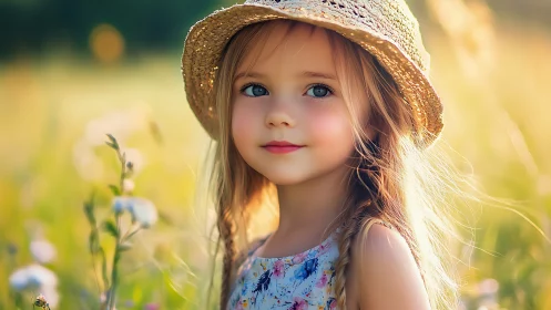 Young Child in Straw Hat, Field Setting with Floral Elements