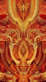 Intricate symmetrical fractal structure in red and gold tones.