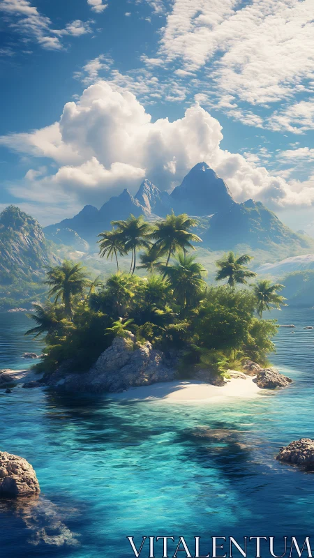 Tropical Island Paradise with Mountain Backdrop Under Cumulus Sky