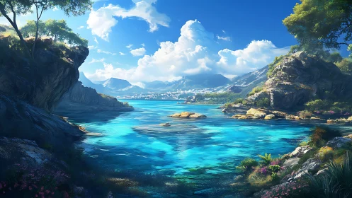 Coastal valley landscape with mountainous terrain and clear water body.