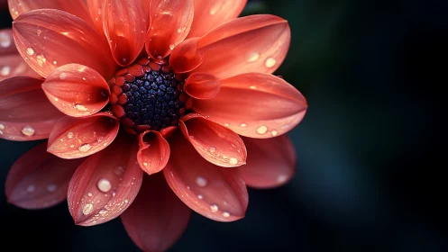 Red Gerbera Daisy With Raindrops Against Dark Background.