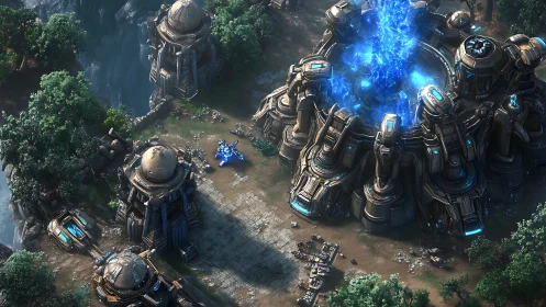 Isometric sci fi fortress encircles radiant blue energy core