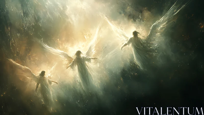 Luminous winged guardians drifting through a celestial storm.