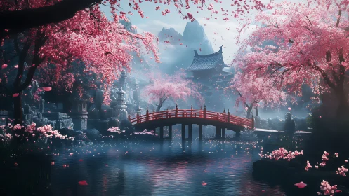 Cherry blossom bridge and temple in misty valley landscape.
