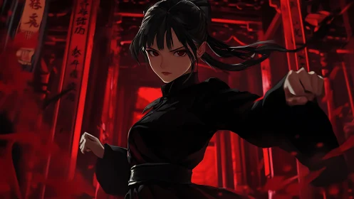 Martial artist executes punch in high-contrast red shrine corridor