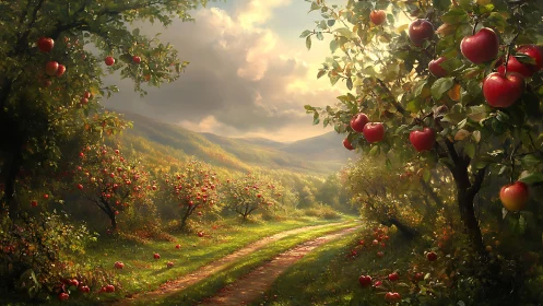 Sunlit apple orchard path under glowing autumn sky.