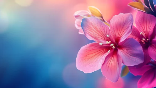 Pink petals dance through twilight's luminous gradient symphony