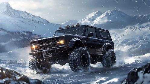 Lifted black off-road SUV powering through alpine blizzard.