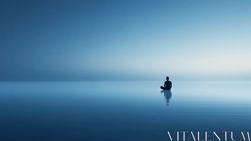 Solitary seated figure on calm blue reflective water surface.