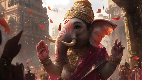 Divine elephant deity advances through ornate temple procession