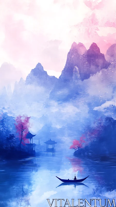 Boat crosses misty lake below stylized pink and blue mountains