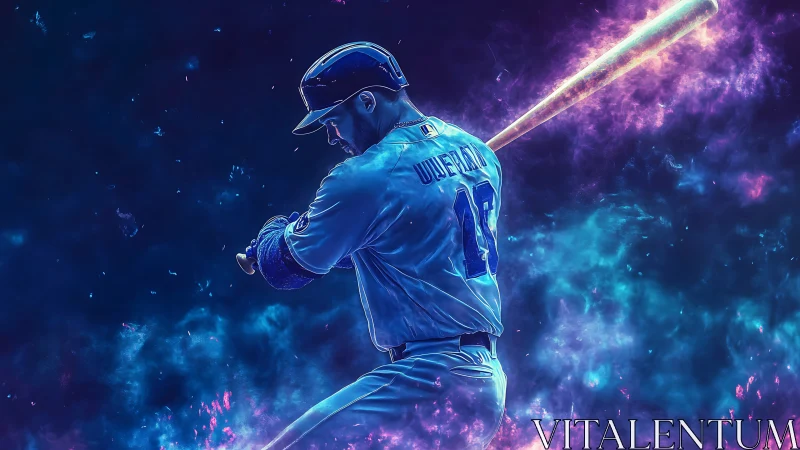 Neon-lit baseball batter swing amid cosmic vapor trails