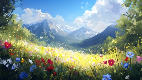 Alpine wildflower meadow under luminous cumulus sky panorama.