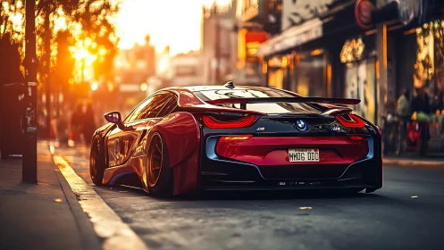 Sunlit red BMW supercar idling on a vibrant city street.